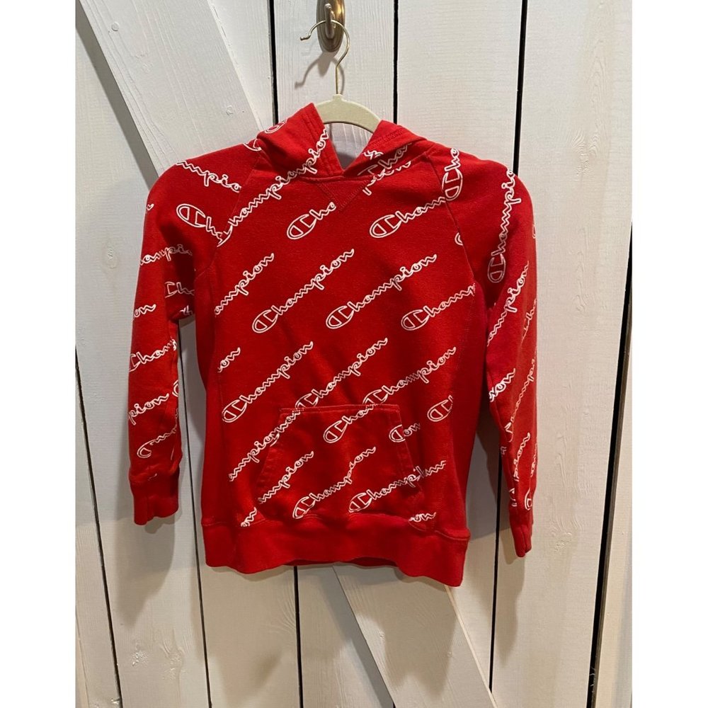 Champion red spell-out kids logo hoodie large